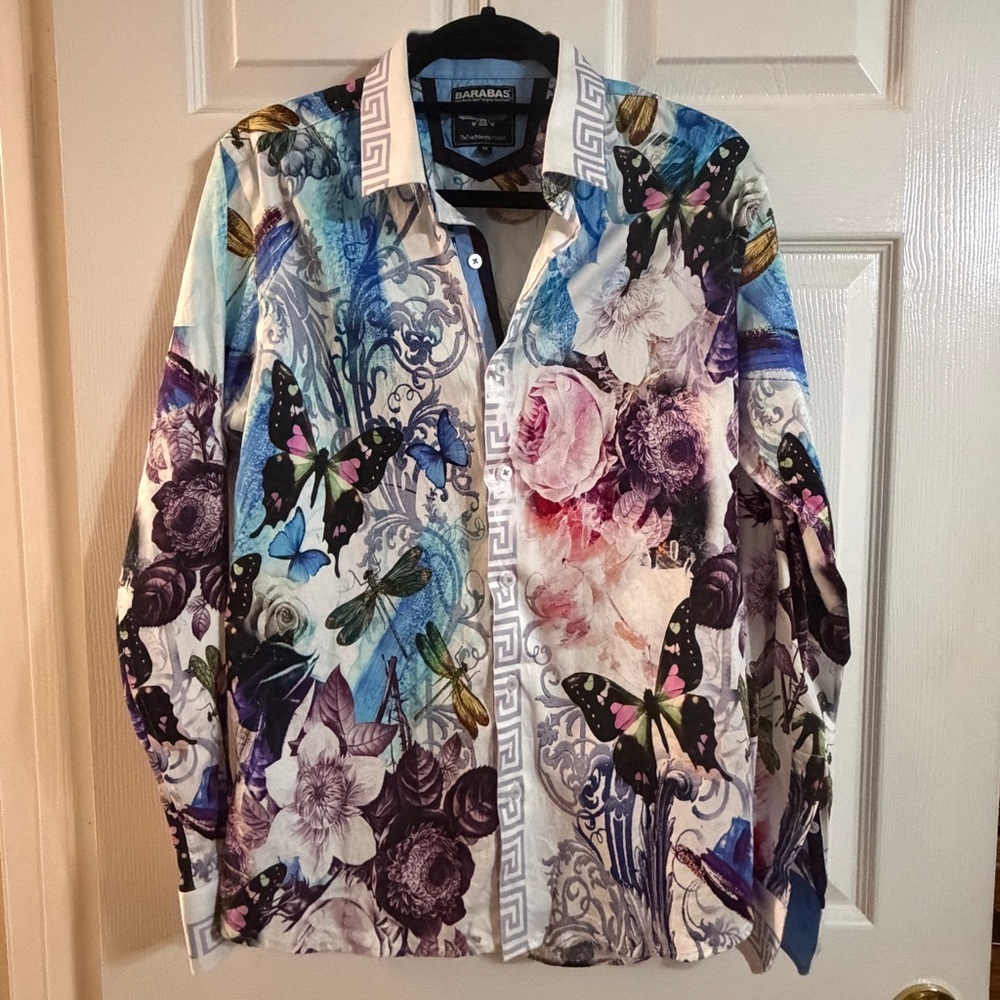 Barabas Butterfly Dragonfly Floral Print Shirt Mens Medium Luxury Designer